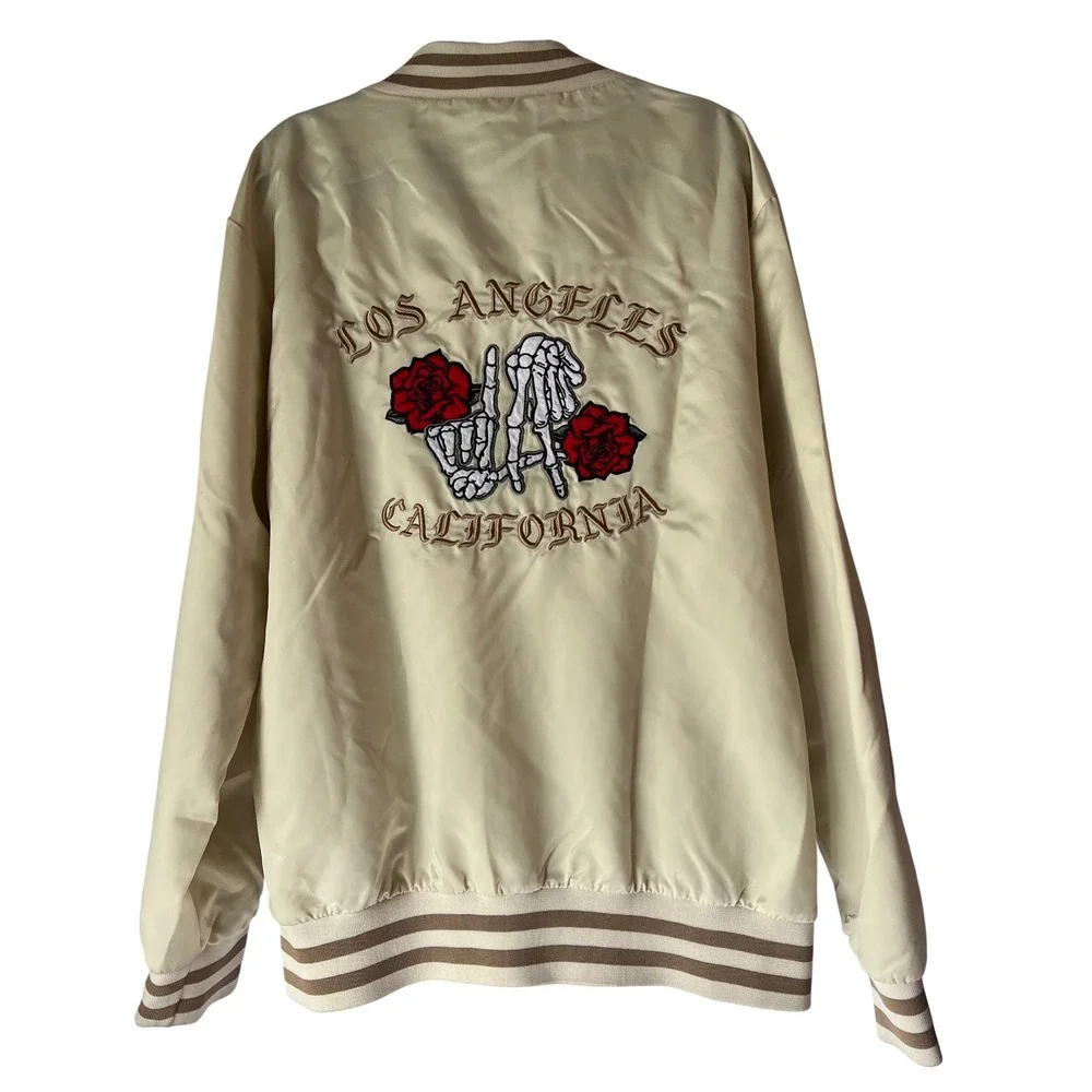 Original Deluxe Supply Mens LA Skeleton Rose Bomber Jacket Cream Medium Zip Up‎